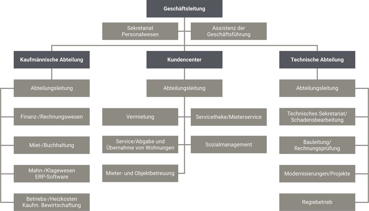 Das Organigramm zeigt die Unternehmensstruktur der Bauhilfe Pirmasens